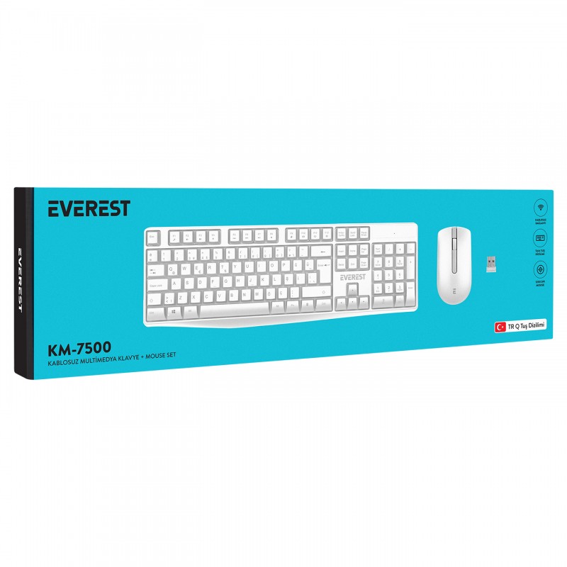 Everest KM-7500 Beyaz Kablosuz Q Multimedia Klavye + Mouse Set