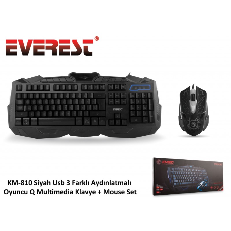 Everest KM-810 Siyah Q Usb Kablolu Multimedya Gaming Klavye Mouse Set 3 Farklı  Aydınlatmalı