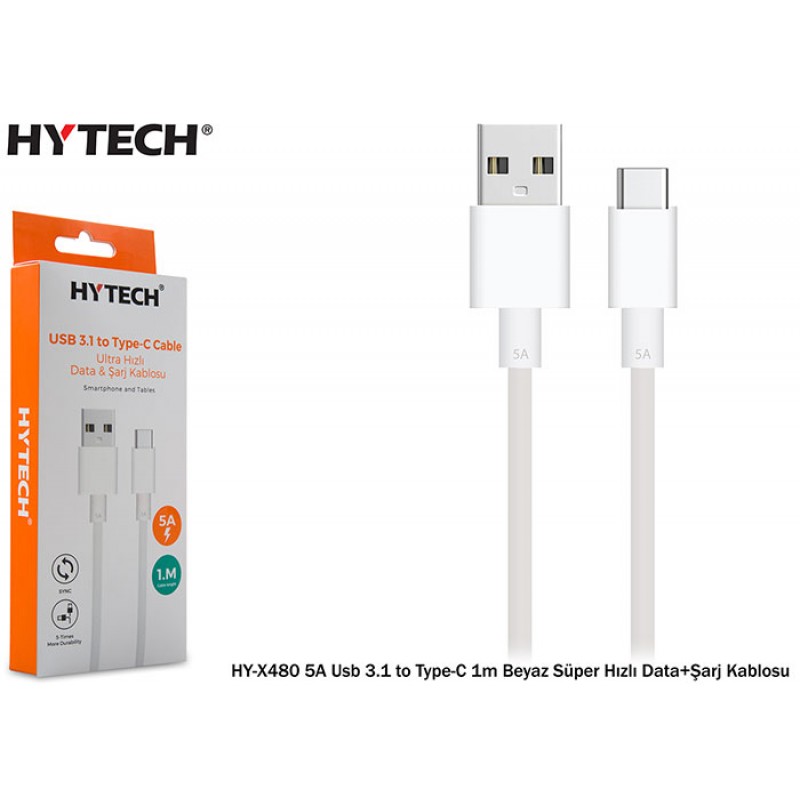 Hytech HY-X480 5A Usb 3.1 to Type-C 1m Beyaz Süper Hızlı Data+Şarj Kablosuu