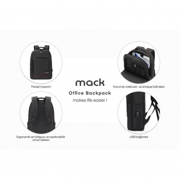 Mack MCC-007 17.3" Office USB Girişli Notebook Sırt Çantası Siyah