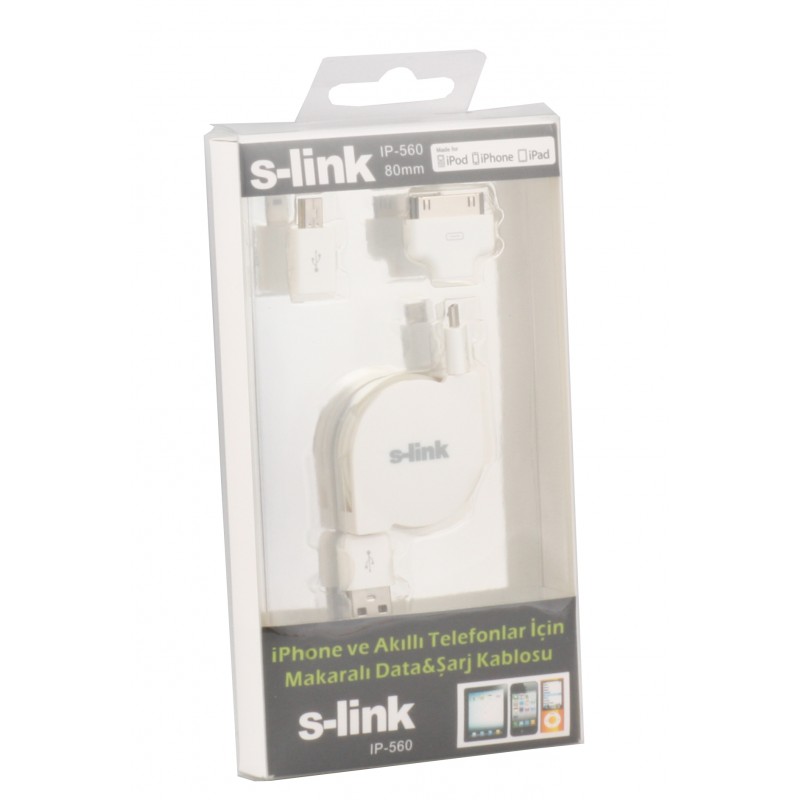 S-link IP-560 iphone-ipod-ipad Data Şarj + Mikro 5 pin Makaralı Şarj Kablosu