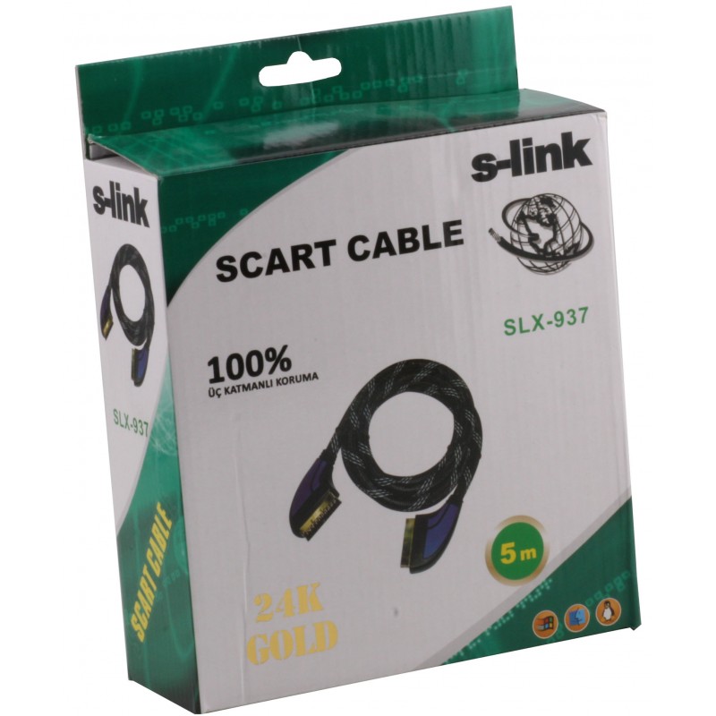 S-link SLX-937 Scart To Scart  5mt Gold Kılıflı Kablo