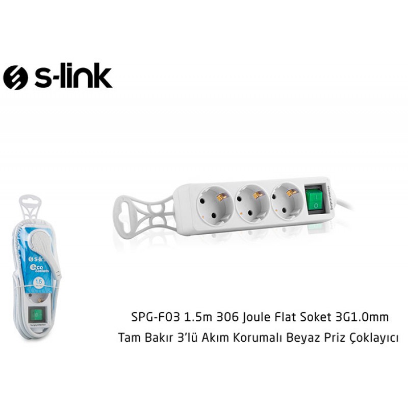 S-link SPG-F03 1.5m 306 Joule Flat Soket 3G1.0mm Tam Bakır 3 lü Akım Korumalı Priz Çoklayıcı